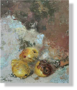 "Membrillos en la tierra", 2009, tcnica mixta  sobre lienzo, 60 x 50 cm